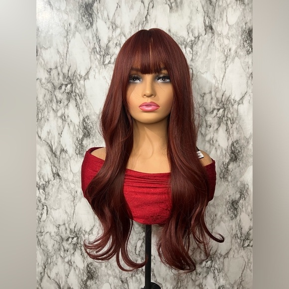 28 Inch Burgundy Long Wavy Wig with Bangs - Picture 3 of 10